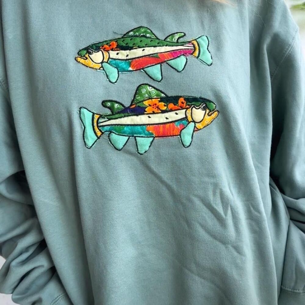 NWT Sage Green Embroidered Patchwork Fish Fleece Crewneck Sweatshirt